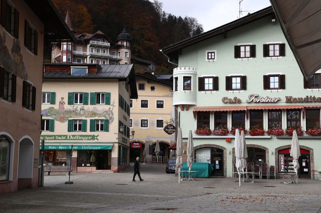 Man walks through the city of Berchtesgaden, Germany on October 26th, 2020.